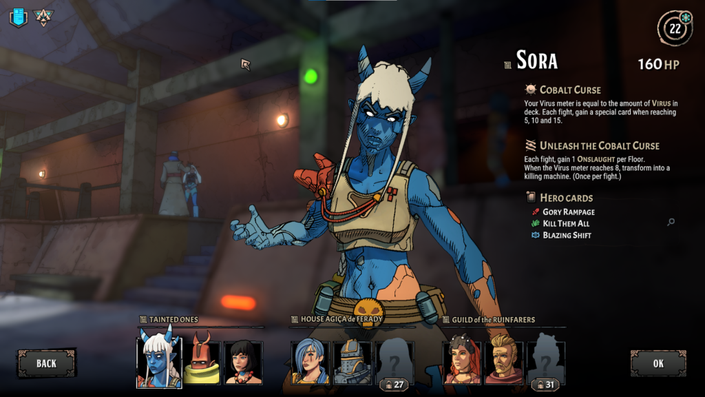 The character select screen featuring a blue devil named Sora.